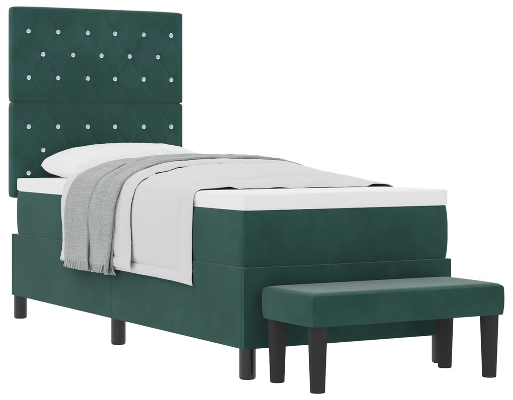 vidaXL Κρεβάτι Box Spring με Στρώμα & Παγκάκι Σκούρο Πράσινο 80x200 εκ Βελούδο
