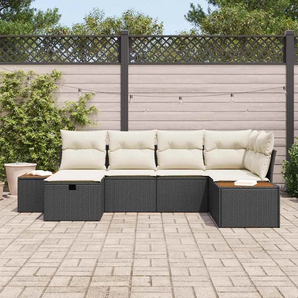 vidaXL Σετ κήπου 6 τεμαχίων από poly rattan με μαξιλάρια σε μαύρο χρώμα.