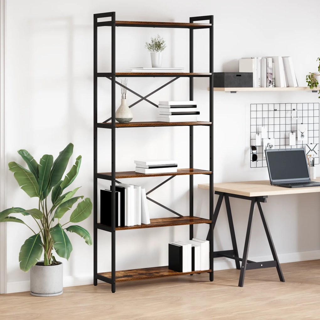 vidaXL Βιβλιοθήκη Καπνιστή δρυς 80 x 30 x 188 εκ Ξύλο και Χάλυβας