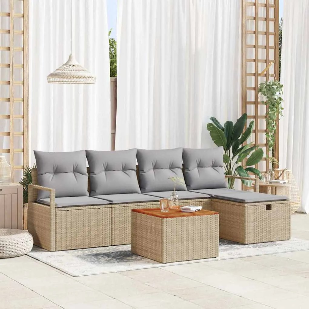 vidaXL Σετ Καναπέ Κήπου με μαξιλάρι 6 pcs Μπεζ Πολυ ράταν
