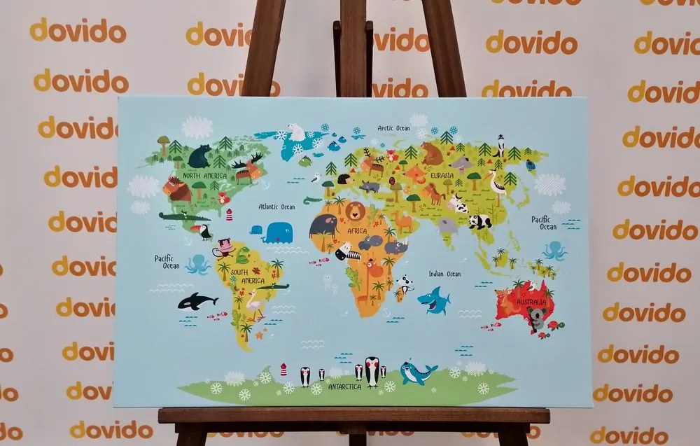 Εικόνα στο φελλό ενός παιδικού παγκόσμιου χάρτη με ζώα - 120x80  wooden