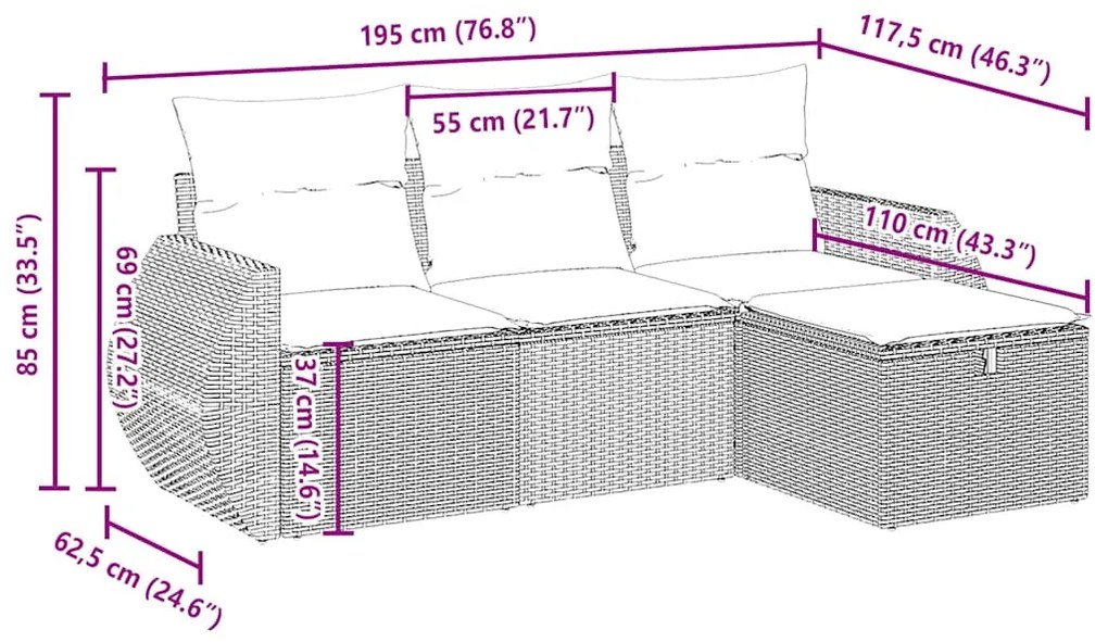 vidaXL Σαλόνι Κήπου Σετ 4 Τεμαχίων Γκρι Συνθετικό Ρατάν με Μαξιλάρια