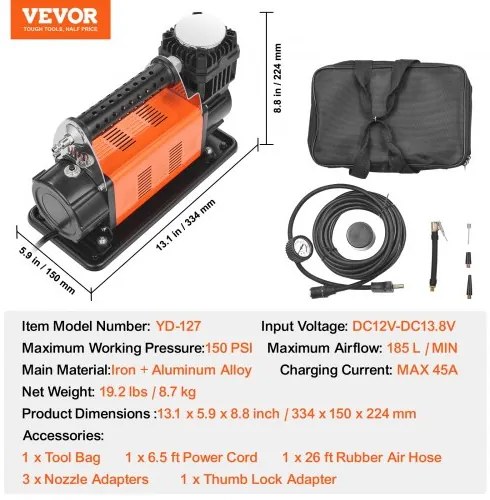 VEVOR Heavy Duty Air Compressor 7.06CFM 150PSI Portable Tire Inflator Air Pump