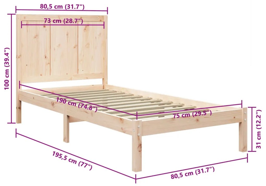 vidaXL Σκελετός Κρεβατιού Χωρίς Στρώμα 75x190 εκ Μασίφ Ξύλο Πεύκου