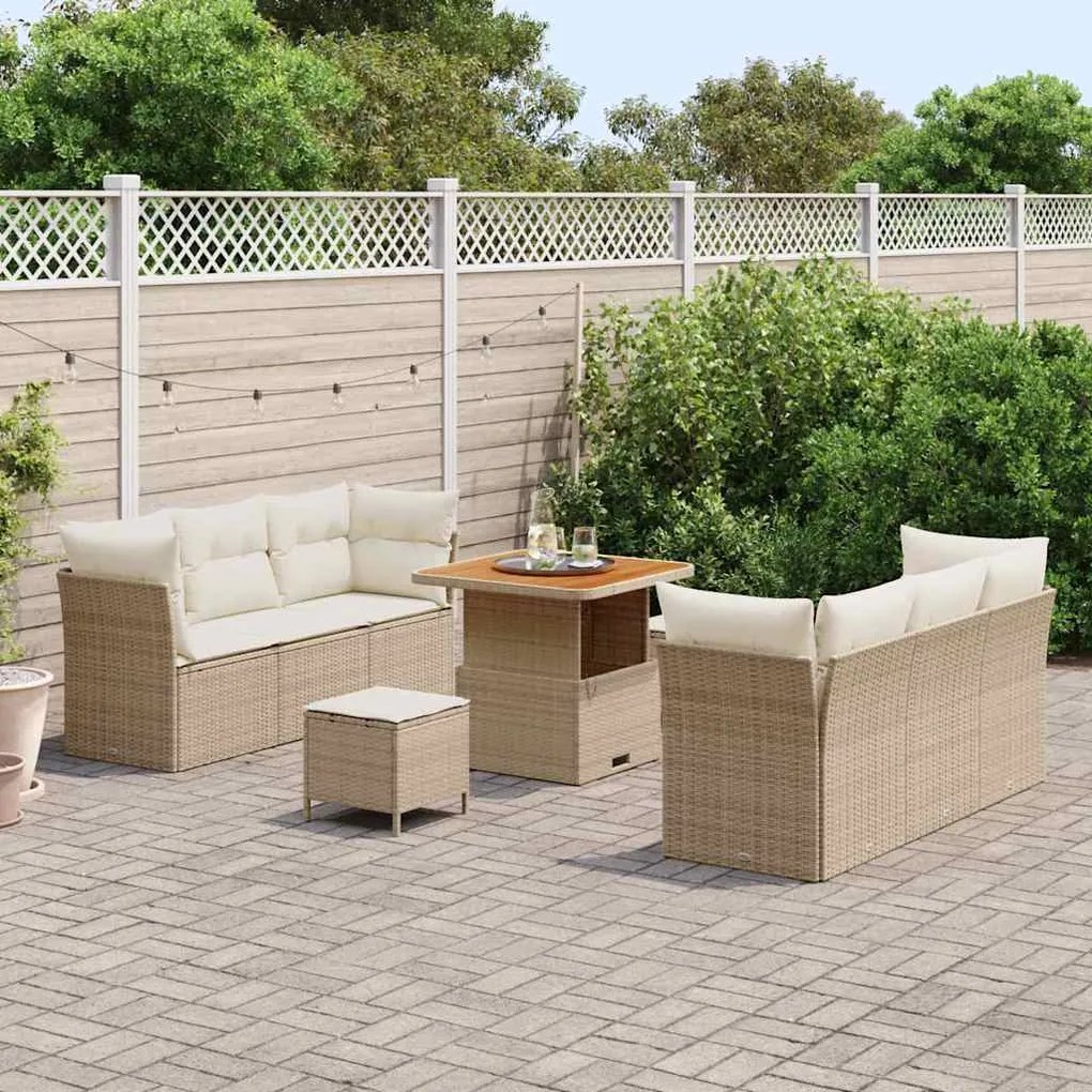 vidaXL Σετ καναπέ κήπου  9 τεμαχίων με beige μαξιλάρια από ράφτιν ακακίας.
