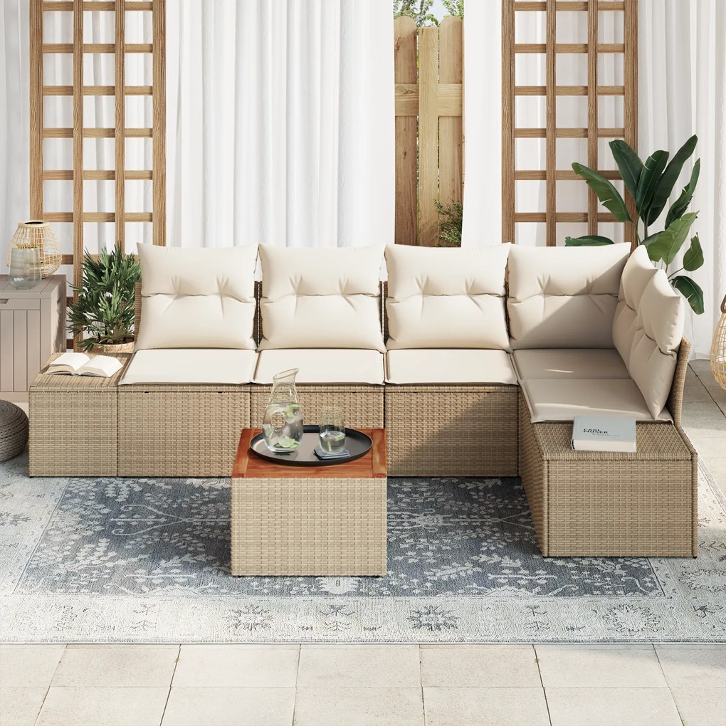 vidaXL Σετ Σαλονιού Κήπου 6 pcs Μπεζ και Λευκό Ψάθα, Υφάσματα