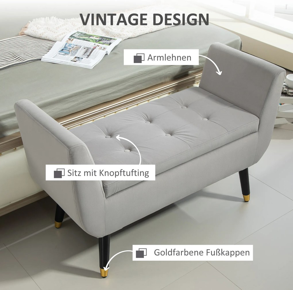 HOMCOM Παγκάκι με Αποθηκευτικό Χώρο και Μπράτσα, Κουτί Αποθήκευσης, Βελούδινο Πολυεστέρας, Καουτσούκ Ξύλο, Ανοιχτό Γκρι, 107 x 42 x 65 cm