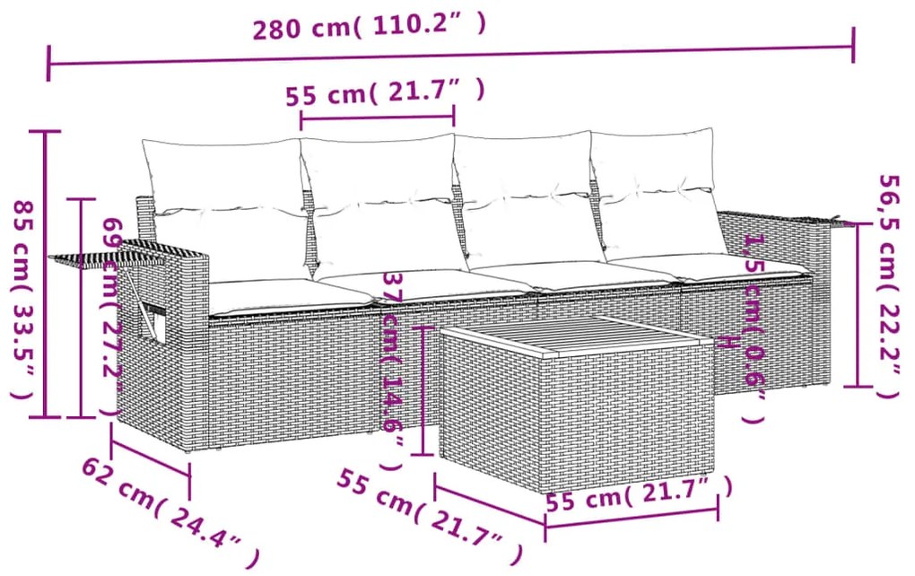 vidaXL Σετ Καναπέ Κήπου 5 Τεμαχίων Μαύρο Συνθετικό Ρατάν με Μαξιλάρια