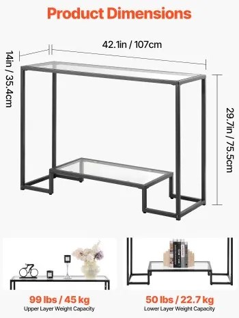 VEVOR 2-Tier Glass Console Table Rectangle Sofa Side Table with Anti-Tip Black