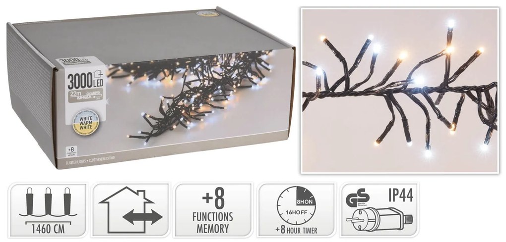 3000 Φωτάκια LED - 21.8 Μέτρα + 3 Μέτρα σύνδεσης, Κανονική Διάταξη, με χειριστήριο, 8 προγράμματα, Μαύρο καλώδιο PVC - Λευκό, Θερμό Λευκό