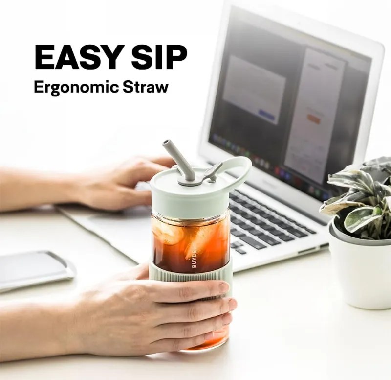 Buydeem CD1017-OW φορητή φιάλη ποτών, 500 ml, Ενσωματωμένο καλαμάκι, Αδιάβροχο, Ανθεκτικό στη θερμότητα γυαλί έως 150°C, Χωρίς BPA, Λευκό