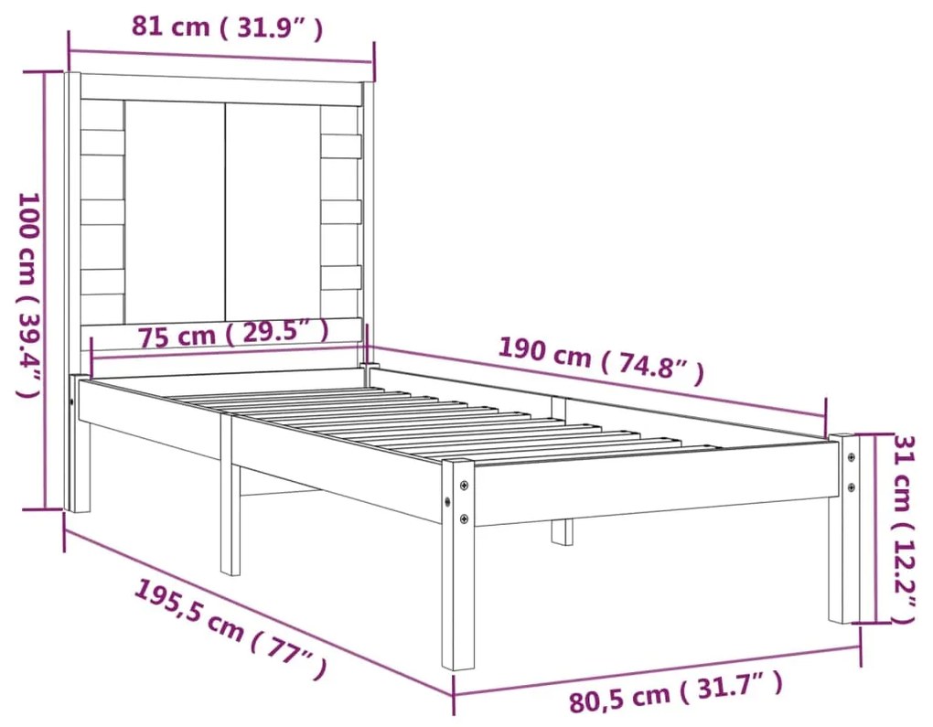 Πλαίσιο Κρεβατιού Λευκό 75x190 εκ. Μασίφ Ξύλο Small Single - Λευκό