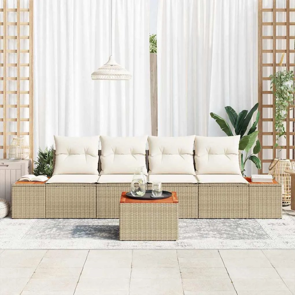 vidaXL Σετ Καναπέ Κήπου με μαξιλάρι 5 pcs Μπεζ Πολυ ράταν