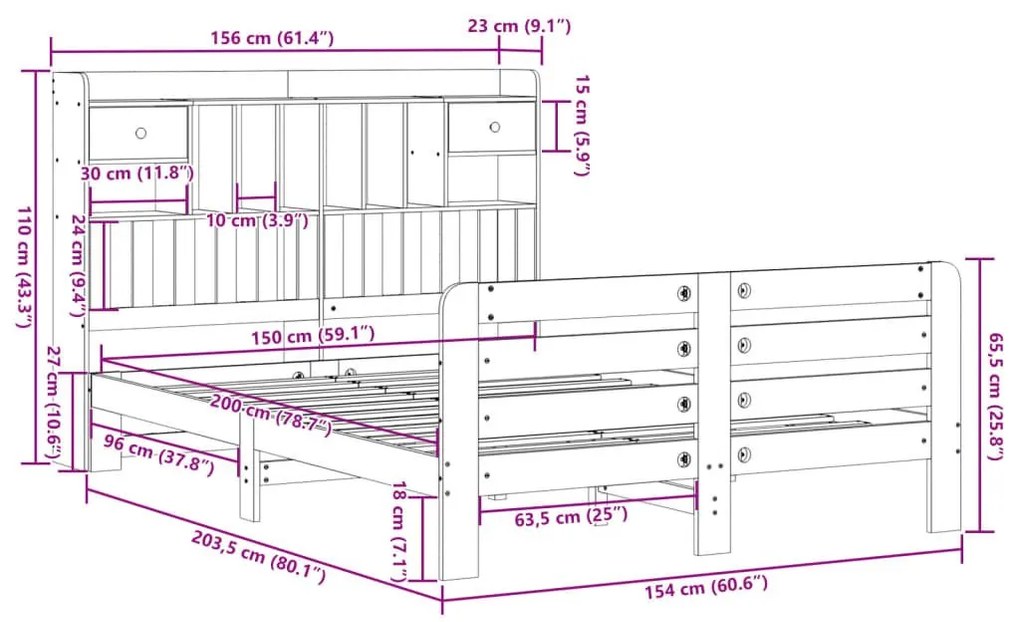 Κρεβάτι Βιβλιοθήκη Χωρίς Στρώμα 150x200 εκ Μασίφ Ξύλο Πεύκου - Λευκό