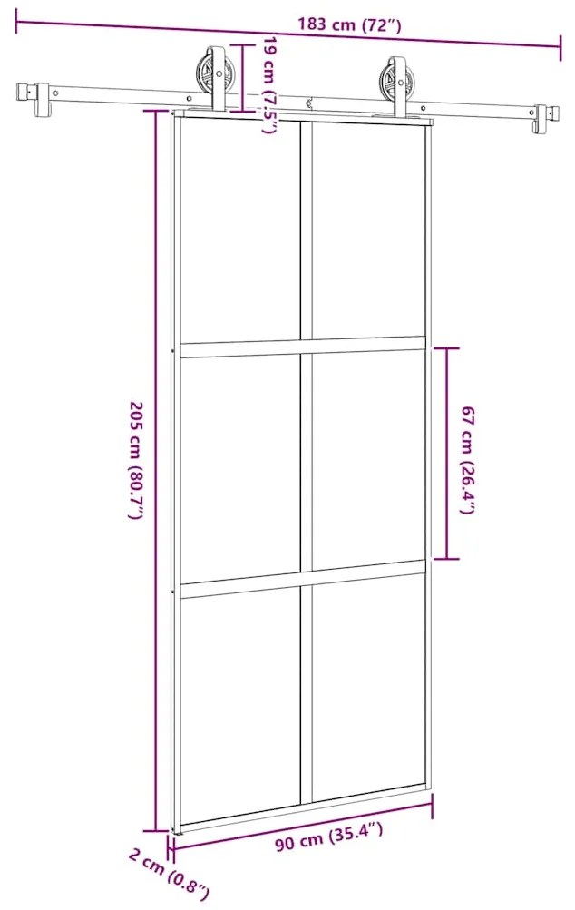 Συρόμενη πόρτα με σετ υλικού 90x205 cm από γυαλί&amp;Αλουμίνιο - Μαύρο