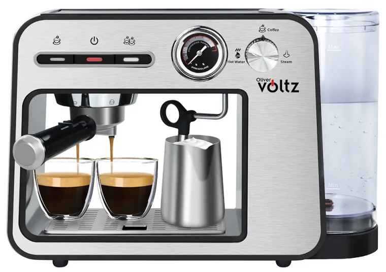 Μηχανή Espresso Oliver Voltz OV51171H, 1450W, 15 bar, 1L, Προθέρμανση φλιτζανιών, Αυτόματη απενεργοποίηση, Ανοξείδωτο