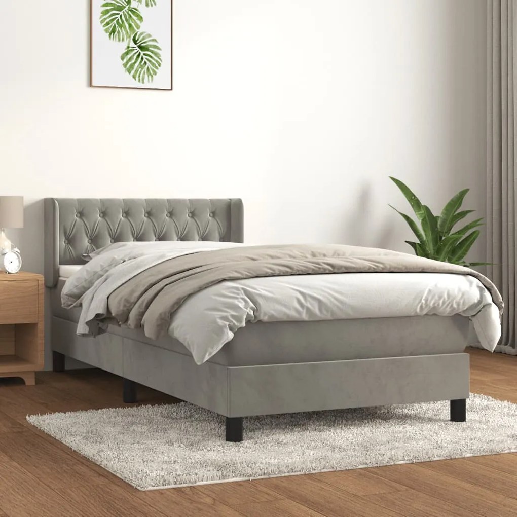 vidaXL Κρεβάτι Boxspring με Στρώμα Ανοιχτό Γκρι 100x200 εκ. Βελούδινο