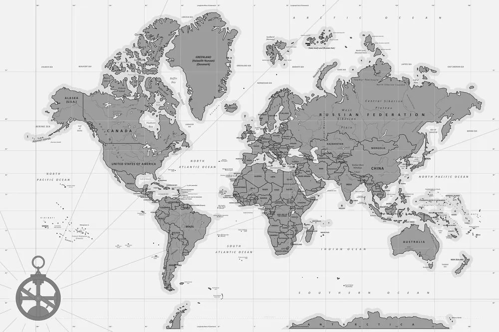 Εικόνα σε φελλό κομψός χάρτης με πυξίδα σε ασπρόμαυρο σχέδιο - 90x60  flags