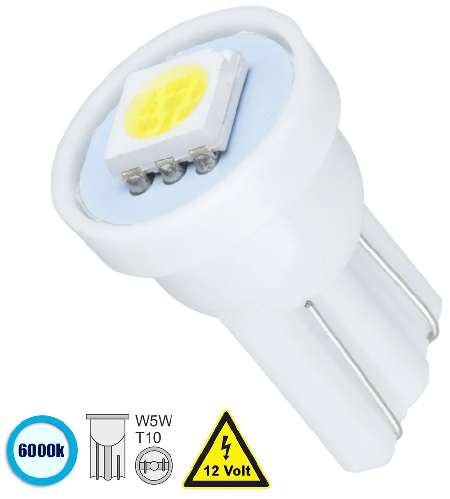 GloboStar® 81044 Λάμπα Αυτοκινήτου LED T10 W5W 1xSMD5050 0.28W 22lm 120° DC 12-16V IP20 Φ1.1 x Υ1.7cm Ψυχρό Λευκό 6000K