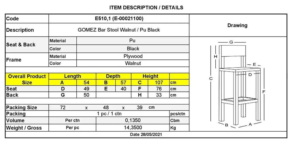 Σκαμπώ GOMEZ Bar Καρυδί/PU Μαύρο 54x57x76/107cm