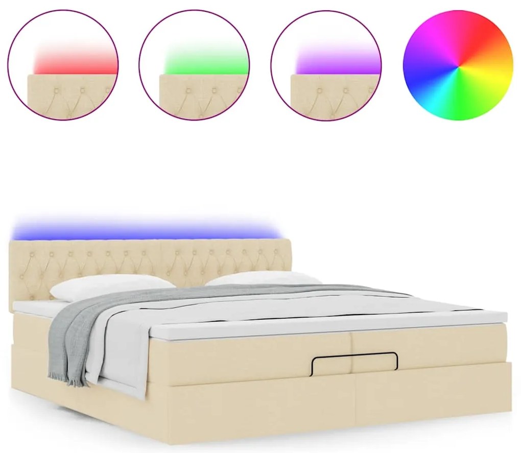 vidaXL Οθωμανικό κρεβάτι με στρώματα & LEDs Κρέμα 200x200cm ύφασμα