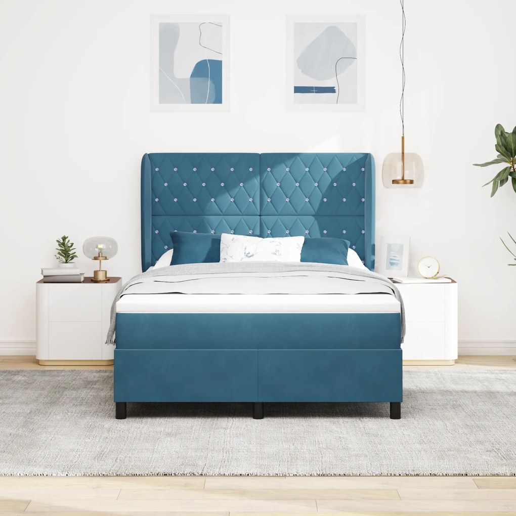 vidaXL Κρεβάτι Box Spring με Στρώμα Σκούρο Μπλε 140x190 εκ. Βελούδο