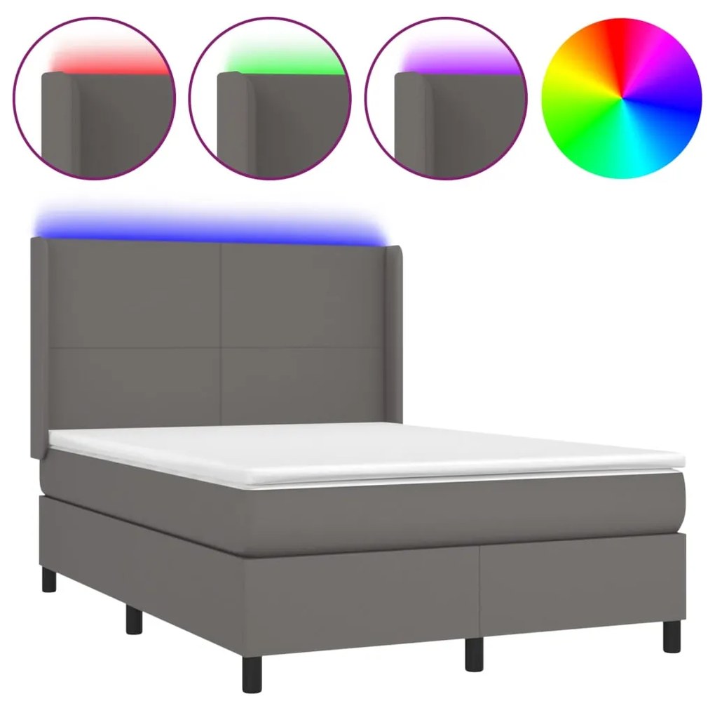 vidaXL Κρεβάτι Boxspring με Στρώμα & LED Γκρι 140x190 εκ. Συνθ. Δέρμα