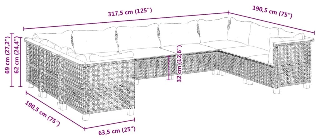 vidaXL Σαλόνι Κήπου Σετ 9 τεμ. Μπεζ Συνθετικό Ρατάν με Μαξιλάρια