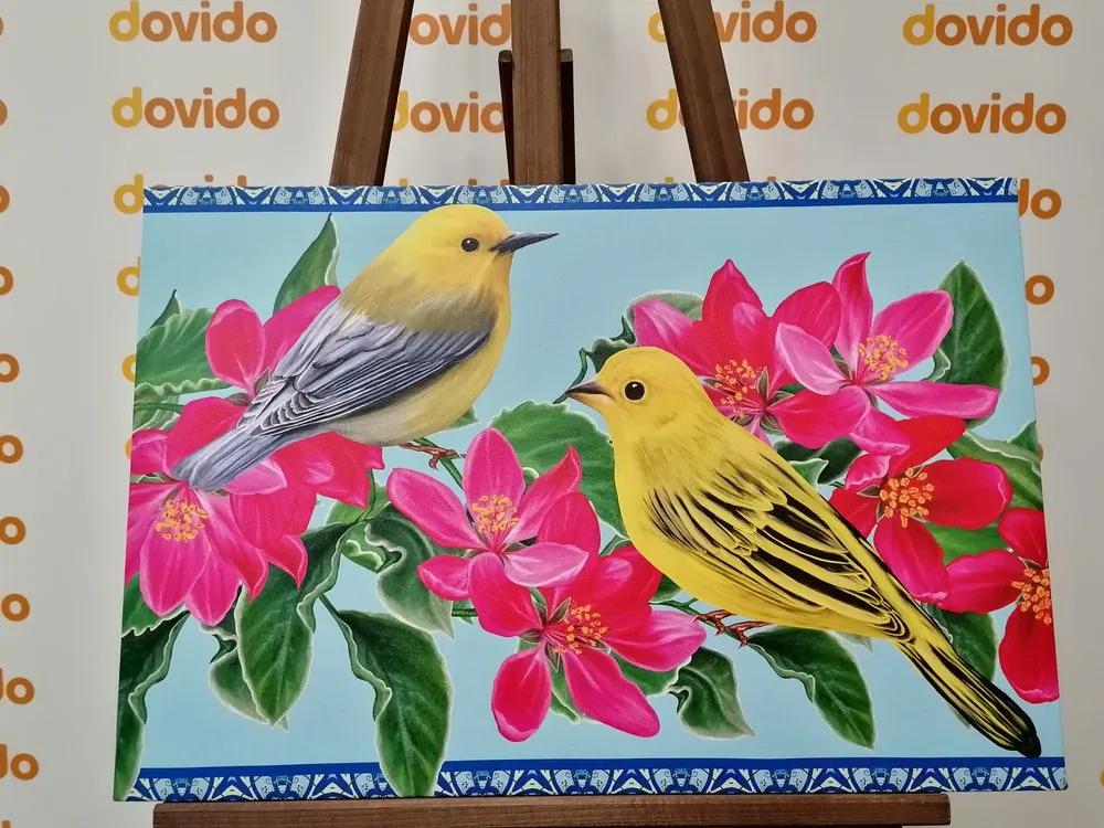 Εικόνα πουλιά και λουλούδια σε vintage σχέδιο - 90x60