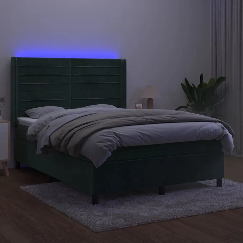 vidaXL Κρεβάτι Boxspring με Στρώμα & LED Σκ. Πράσινο 140x190εκ Βελούδο