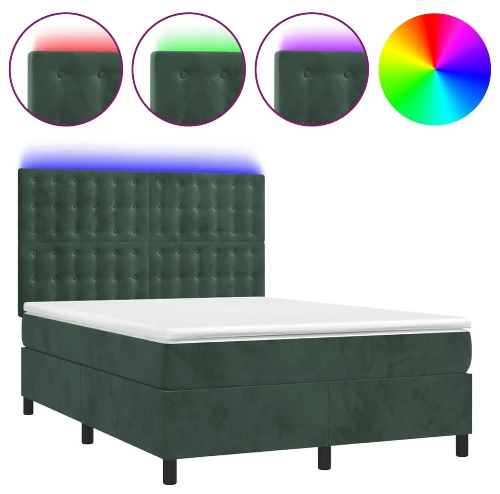 vidaXL Κρεβάτι Boxspring με Στρώμα & LED Σκ. Πράσινο 140x200εκ Βελούδο