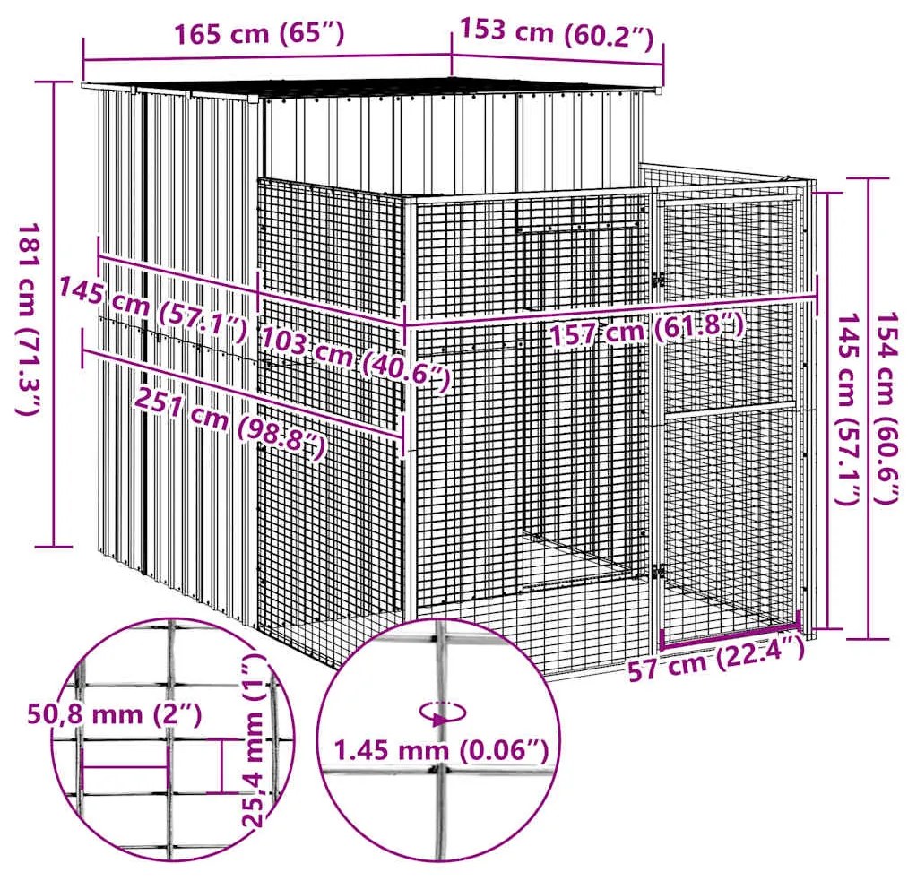 vidaXL Σπιτάκι Σκύλου με Αυλή Αν. Γκρι 165x251x181 εκ Γαλβαν. Χάλυβας