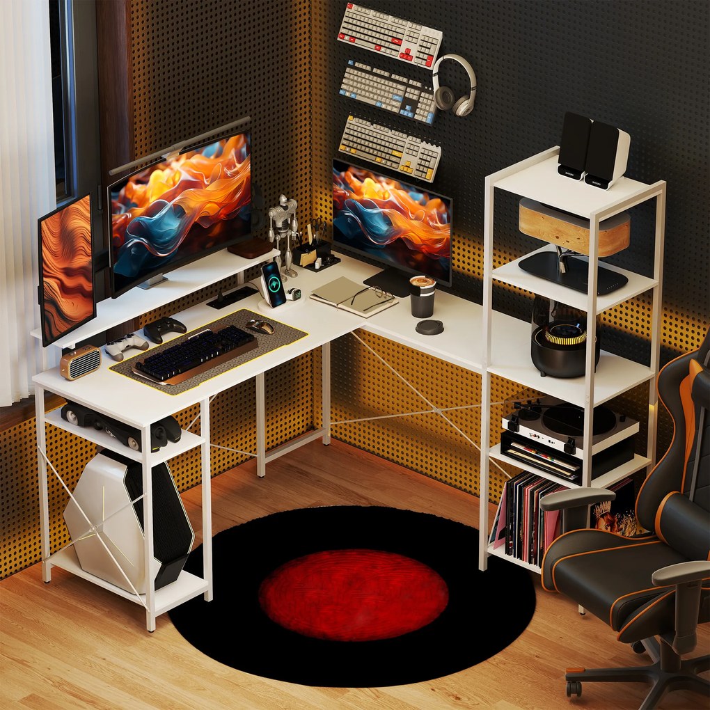 HOMCOM Γραφείο σε σχήμα L με σταθμό φόρτισης, γωνιακό γραφείο υπολογιστή με βάση οθόνης και ράφια, για οικιακό γραφείο, γραφείο, Λευκό