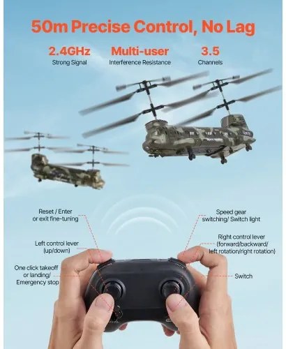 VEVOR RC Helicopter, 2.4GHz Military Remote Control Helicopter, 3.5 Channel RC Airplane for Kid, 20 Mins Flight Time, One-Key Takeoff/Landing &amp; LED Lights, Flying Plane Toys for Kids Ages 8 and up