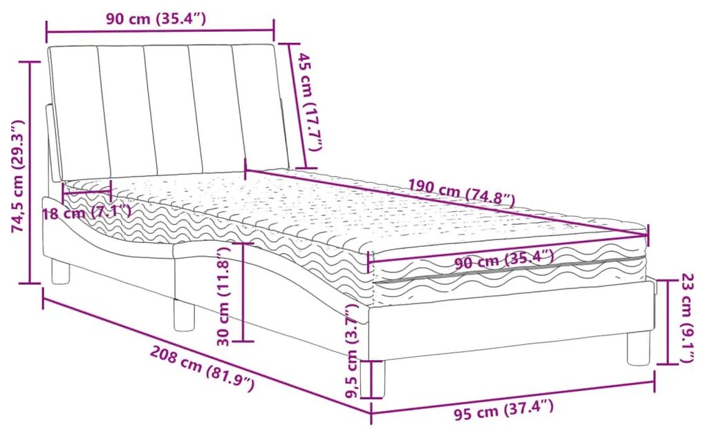 Κρεβάτι με Στρώμα Μπλε 90 x 190 εκ. Βελούδινος - Μπλε