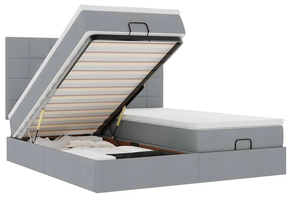 vidaXL Οθωμανικό κρεβάτι με στρώματα & LEDs Ανοιχτό γκρι ύφασμα