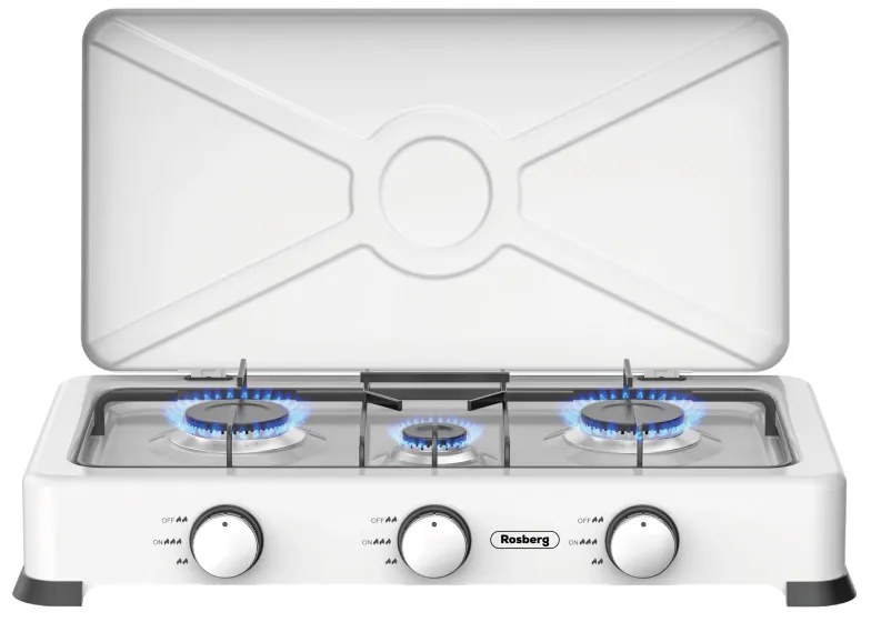 Τριπλή εστία αερίου με καπάκι Rosberg R51454E3, 3x2.2 kWh, 30 mbar, Ανθρακούχος χάλυβας, Λευκό