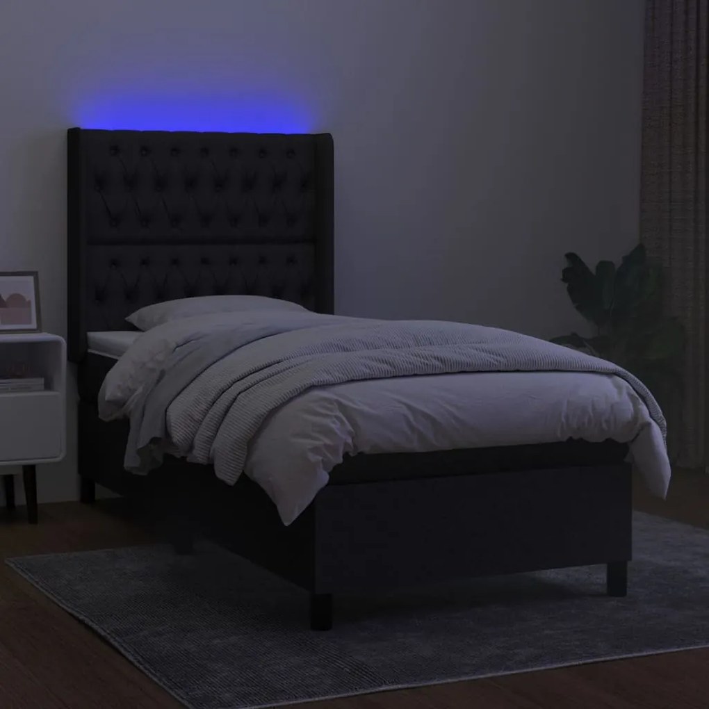 vidaXL Κρεβάτι Boxspring με Στρώμα & LED Μαύρο 100x200 εκ. Υφασμάτινο