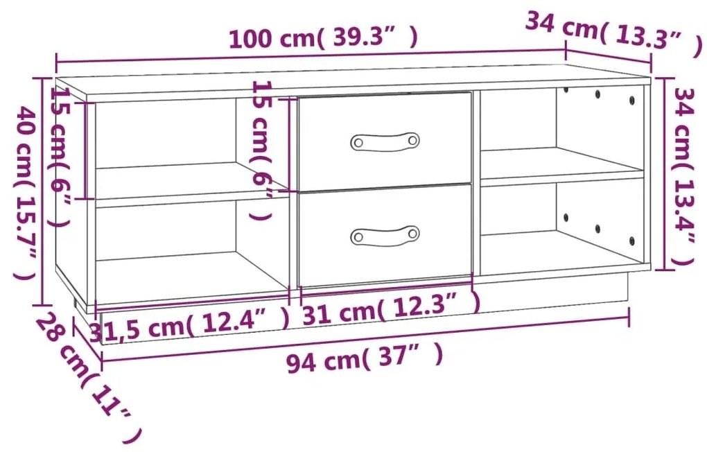 Έπιπλο Τηλεόρασης 100 x 34 x 40 εκ. από Μασίφ Ξύλο Πεύκου - Καφέ