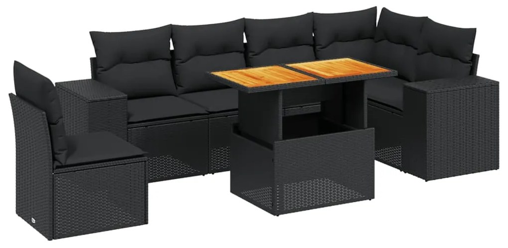 vidaXL Καναπές Σετ 7 Τεμαχίων Μαύρο Συνθετικό Ρατάν με Μαξιλάρια