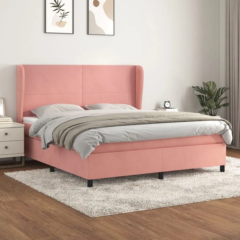 Κρεβάτι Boxspring με Στρώμα Ροζ 160x200 εκ. Βελούδινο - Ροζ