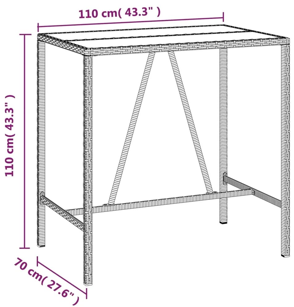 vidaXL Τραπέζι Μπαρ με Γυάλ. Επιφάνεια Καφέ 110x70x110 εκ. Συνθ. Ρατάν