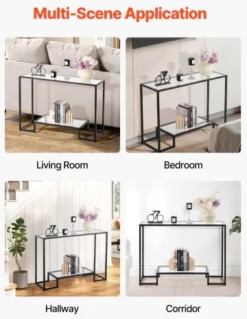 VEVOR 2-Tier Glass Console Table Rectangle Sofa Side Table with Anti-Tip Black