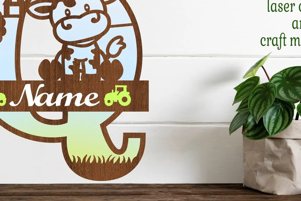 Σετ των 2 Intra απο ξύλο plywood 3mm-4mm πάχος - Μονόγραμμα κεφαλαίων αγελάδας Γράμμα Q  Cut Δίασταση 30x20 cm INTRAFABR-74483929