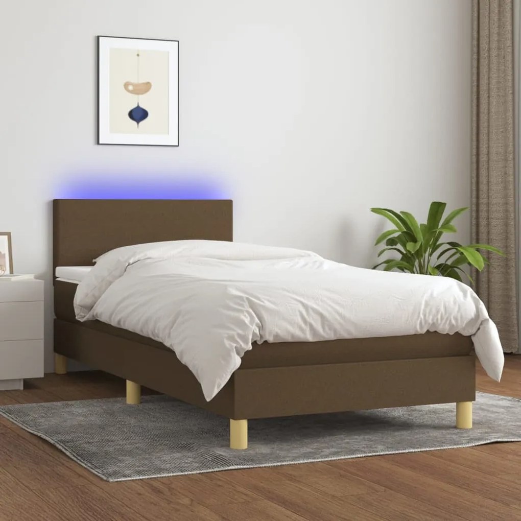 vidaXL Κρεβάτι Boxspring με Στρώμα & LED Σκ.Καφέ 100x200 εκ Υφασμάτινο