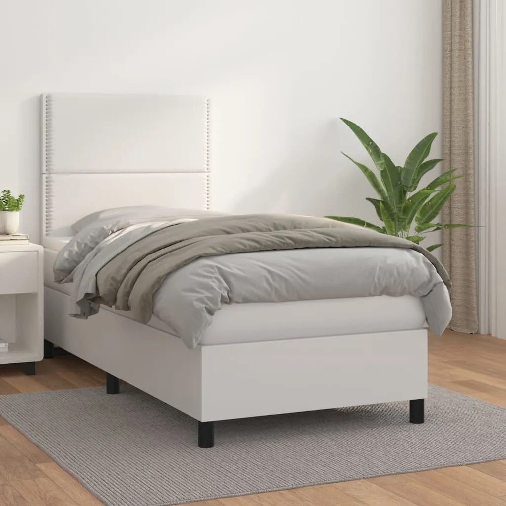 vidaXL Κρεβάτι Boxspring με Στρώμα Λευκό 100x200εκ.από Συνθετικό Δέρμα