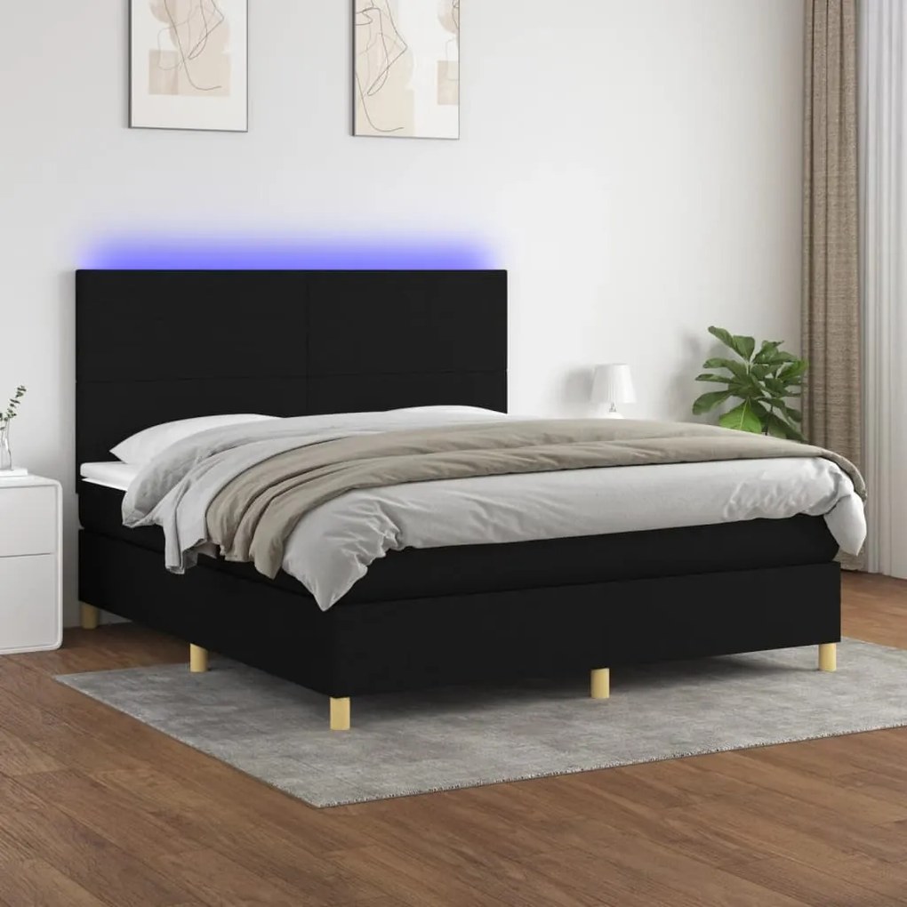 Κρεβάτι Boxspring με Στρώμα &amp; LED Μαύρο 180x200 εκ. Υφασμάτινο