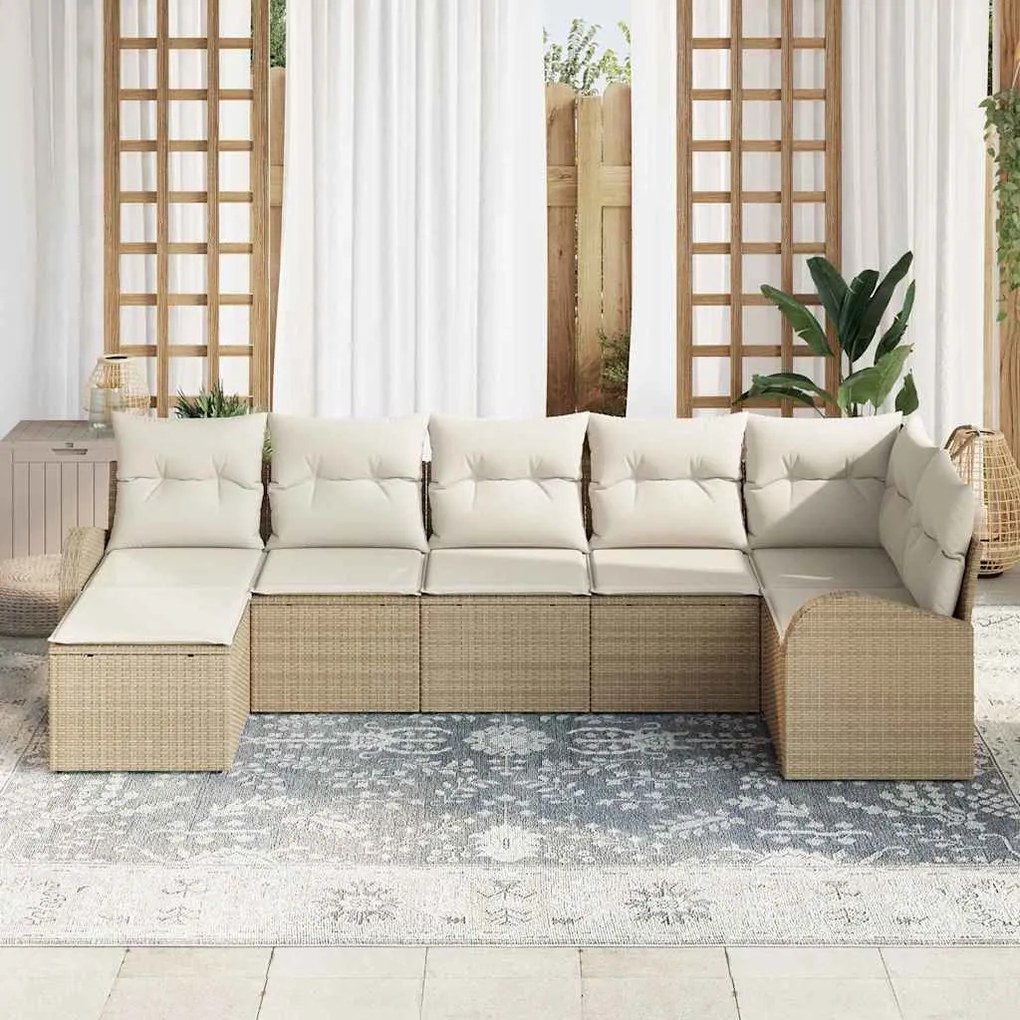 vidaXL Σετ Καναπέ Κήπου με μαξιλάρι 7 pcs Μπεζ Πολυ ράταν