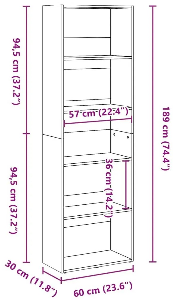 Βιβλιοθήκη καφέ δρυς 60x30x189 εκ. από Επεξεργασμένο Ξύλο - Καφέ