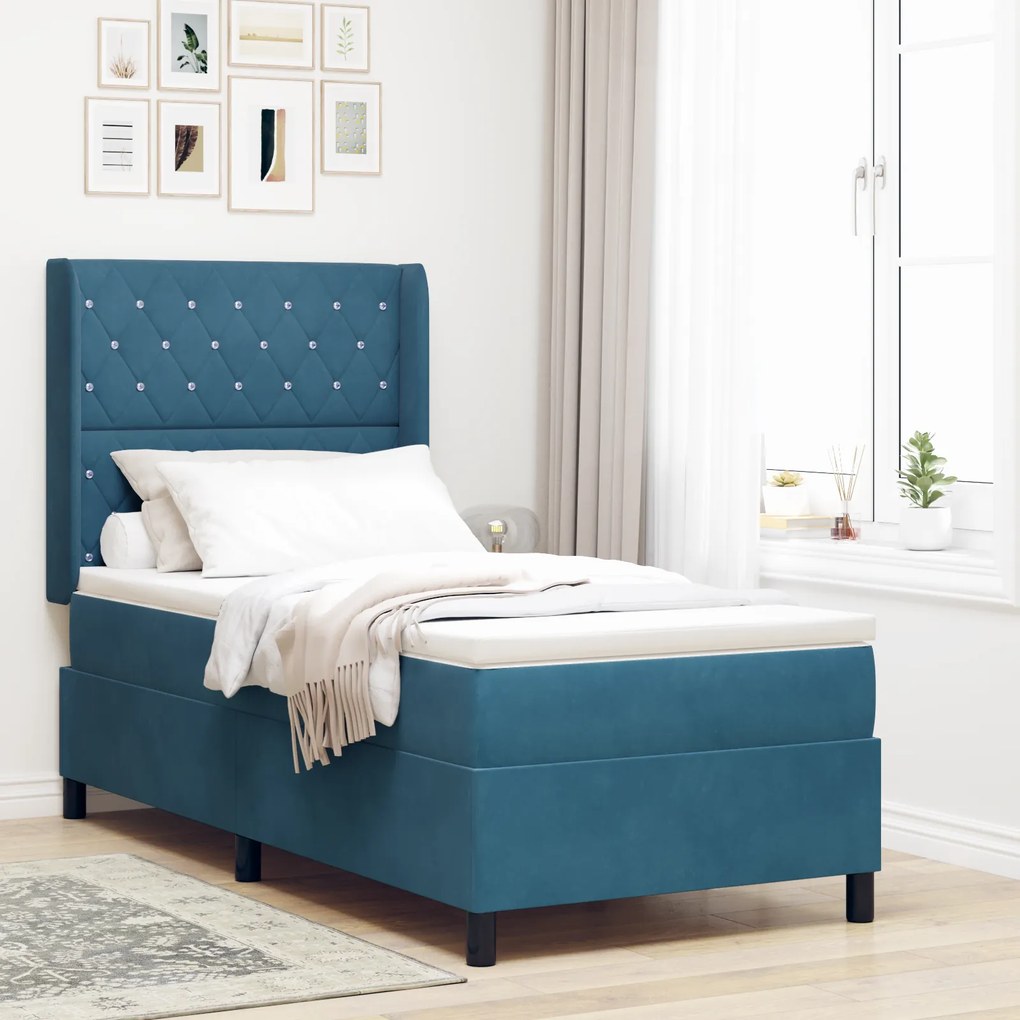 vidaXL Κρεβάτι Box Spring με Στρώμα Σκούρο Μπλε 100x200 εκ Βελούδο
